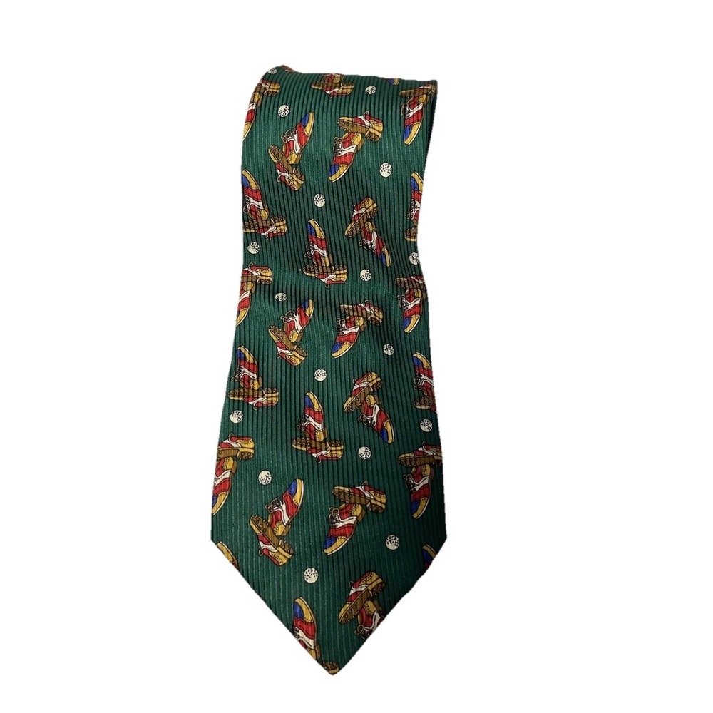 Fendi Cravette 100% Silk Italian Neck Tie Green Golf Shoes Balls Pattern‎